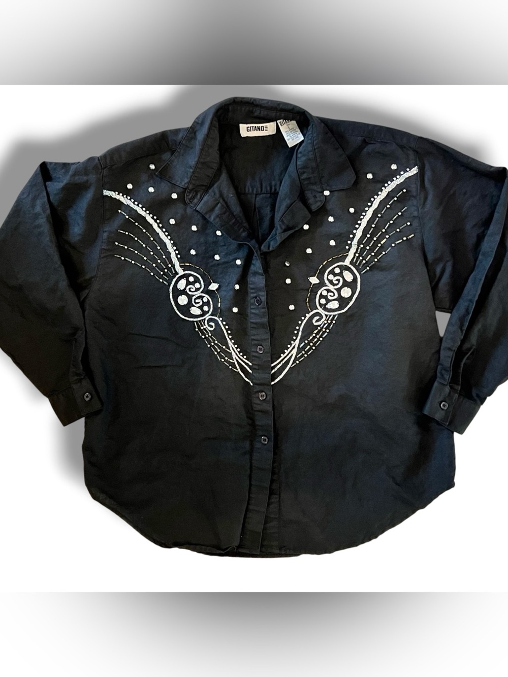Vtg 80s Gitano Beaded Shirt Womens L Black Button Up Rhinestones Gems Western D2